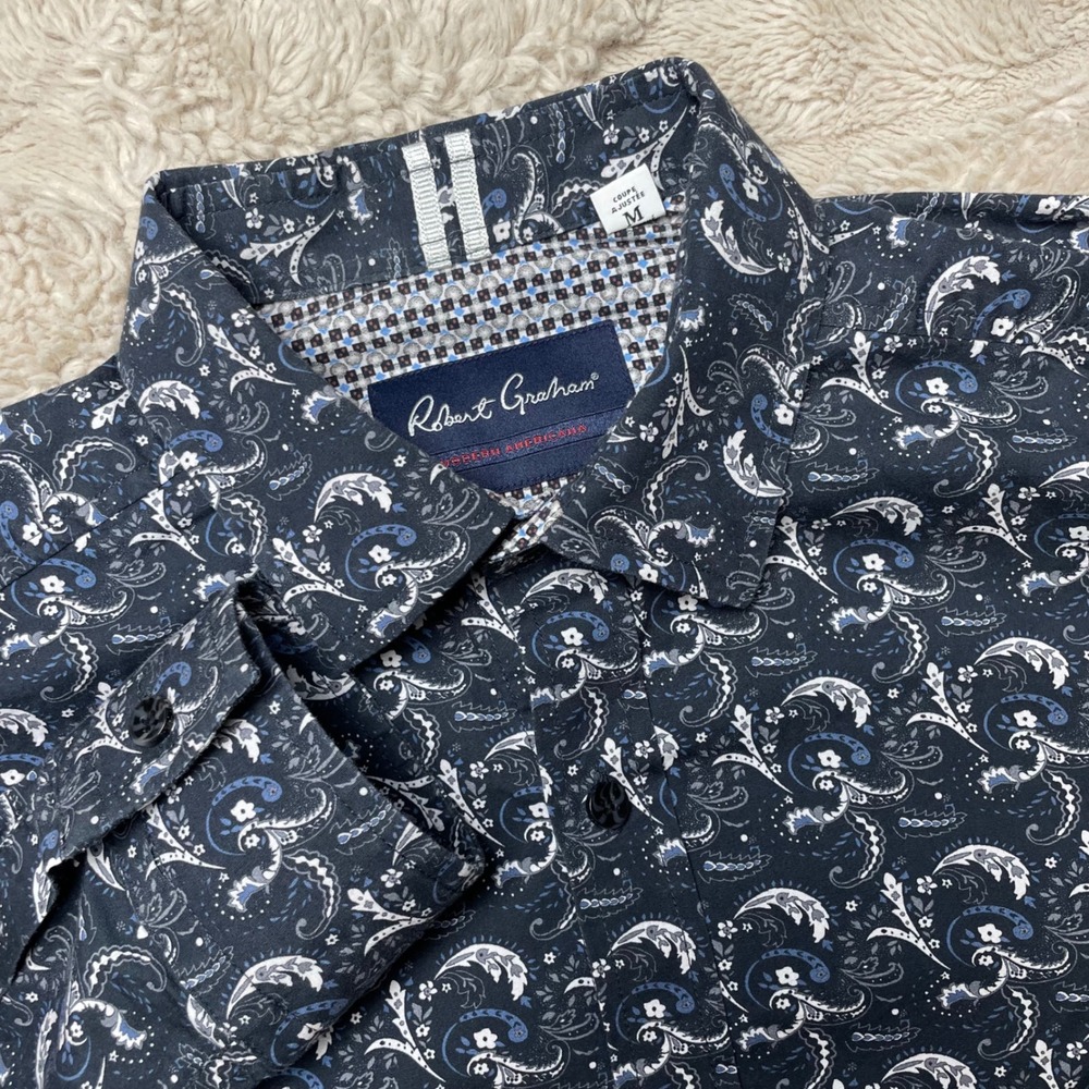 Robert Graham Mens Navy Blue Paisley Button Down Shirt Modern Americana Medium